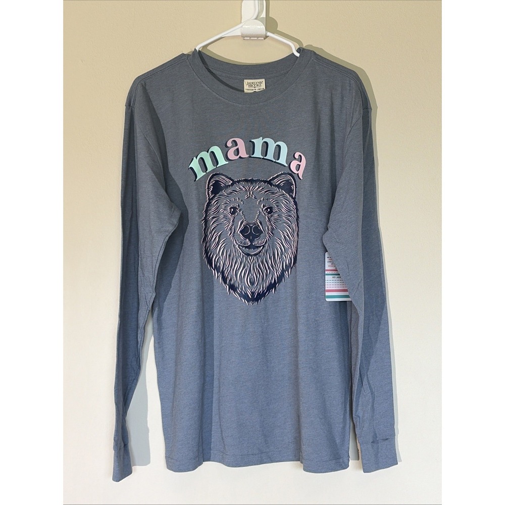 Jadelynn Brooke Blue MAMA BEAR Graphic Long Sleeve Crewneck Tee Shirt Medium NEW